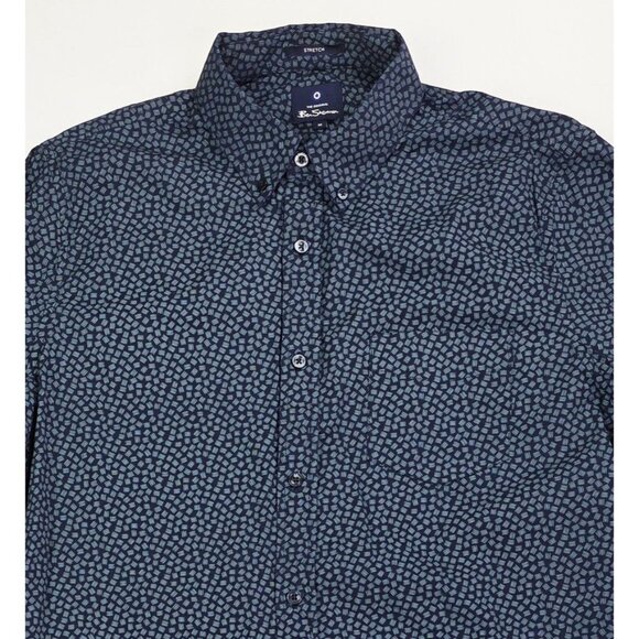 Ben Sherman Stretch Size Medium Mens Navy Lines Pattern Button Down Logo Shirt - Picture 10 of 10